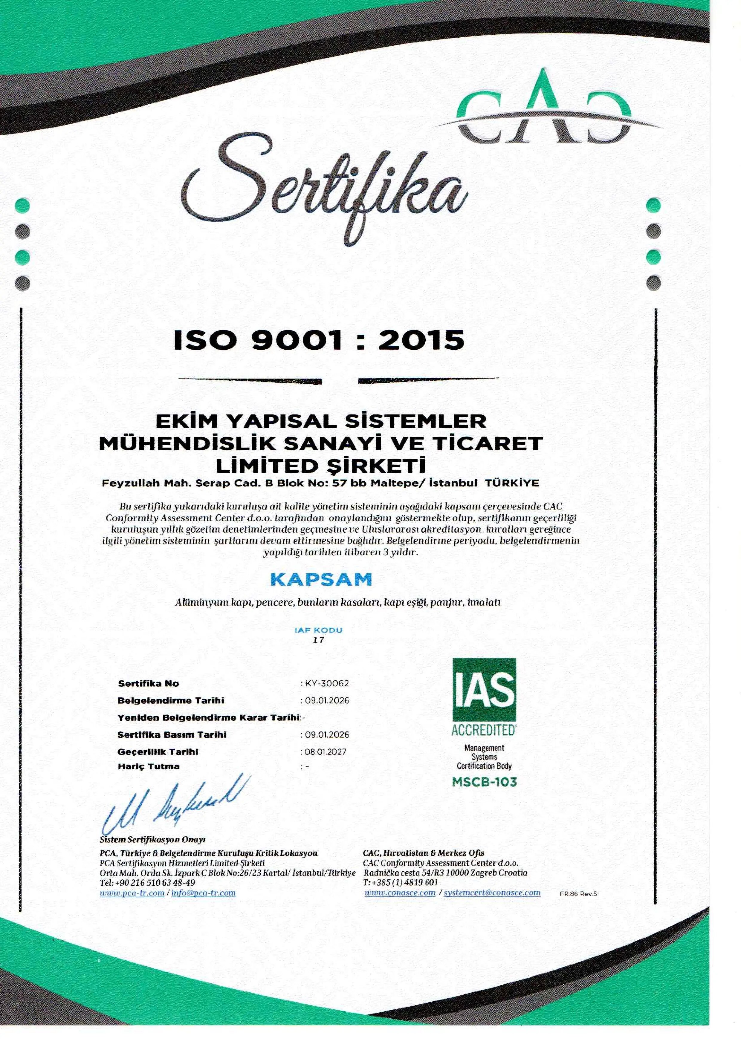 ISO 9001:2015 Kalite Yönetim Sistemi